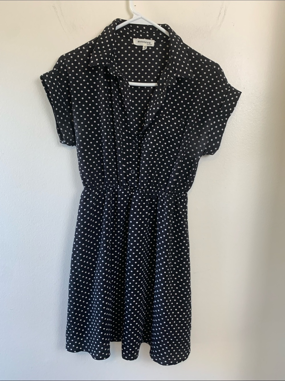 Monteau Black Polka Dot Collared Mini Dress, Cap Sleeve, Lined Skirt, Lightweigh